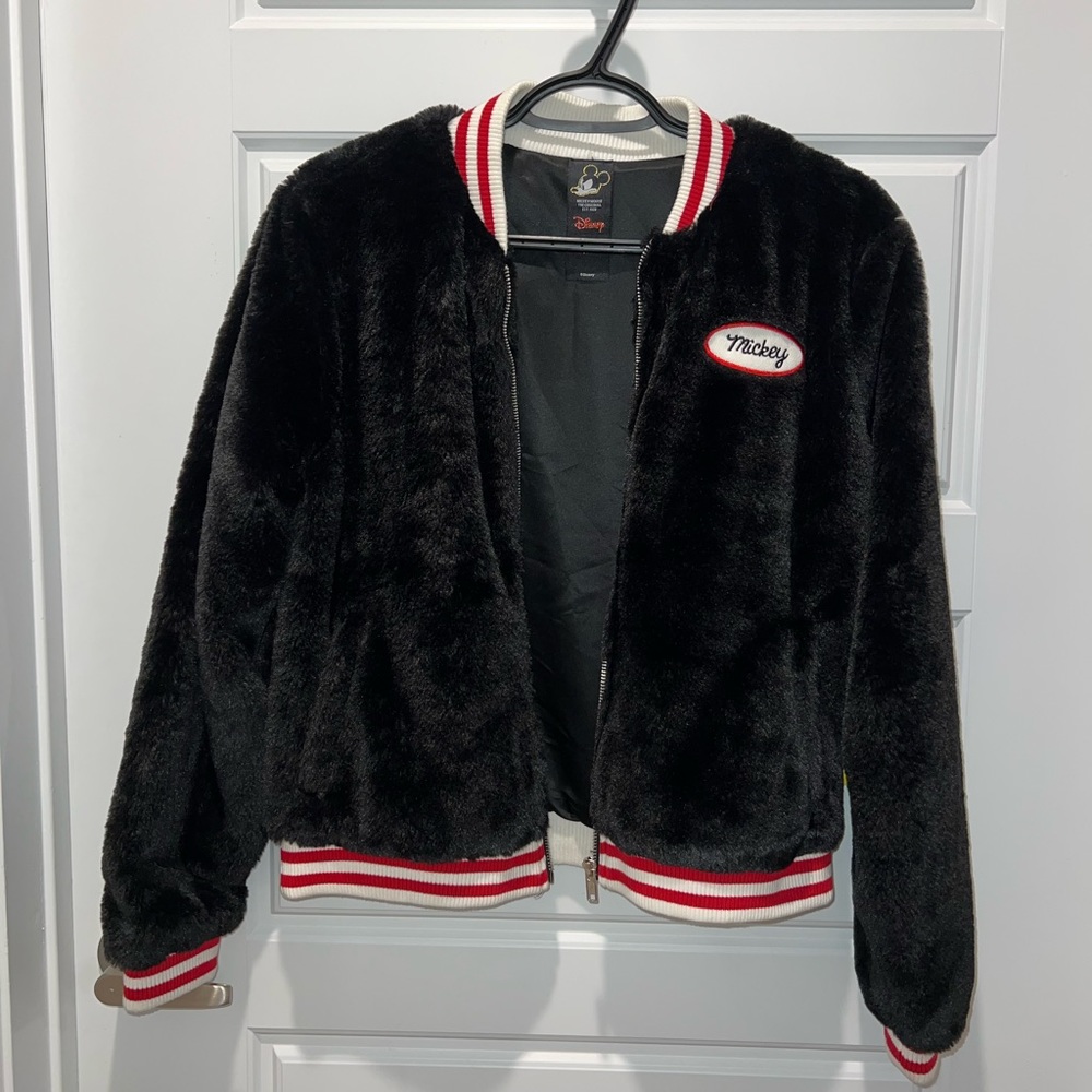 Forever 21 X Disney Black faux fur Mickey mouse bomber jacket